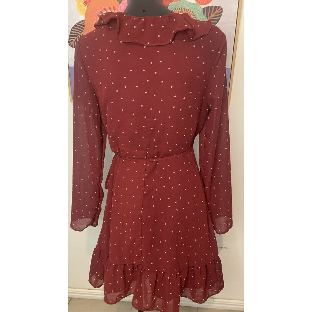 LA VIE BOHEME Burgundy Polka Dot Long Sleeve Frill Wrap Dress Sz 6 - Picture 8 of 9